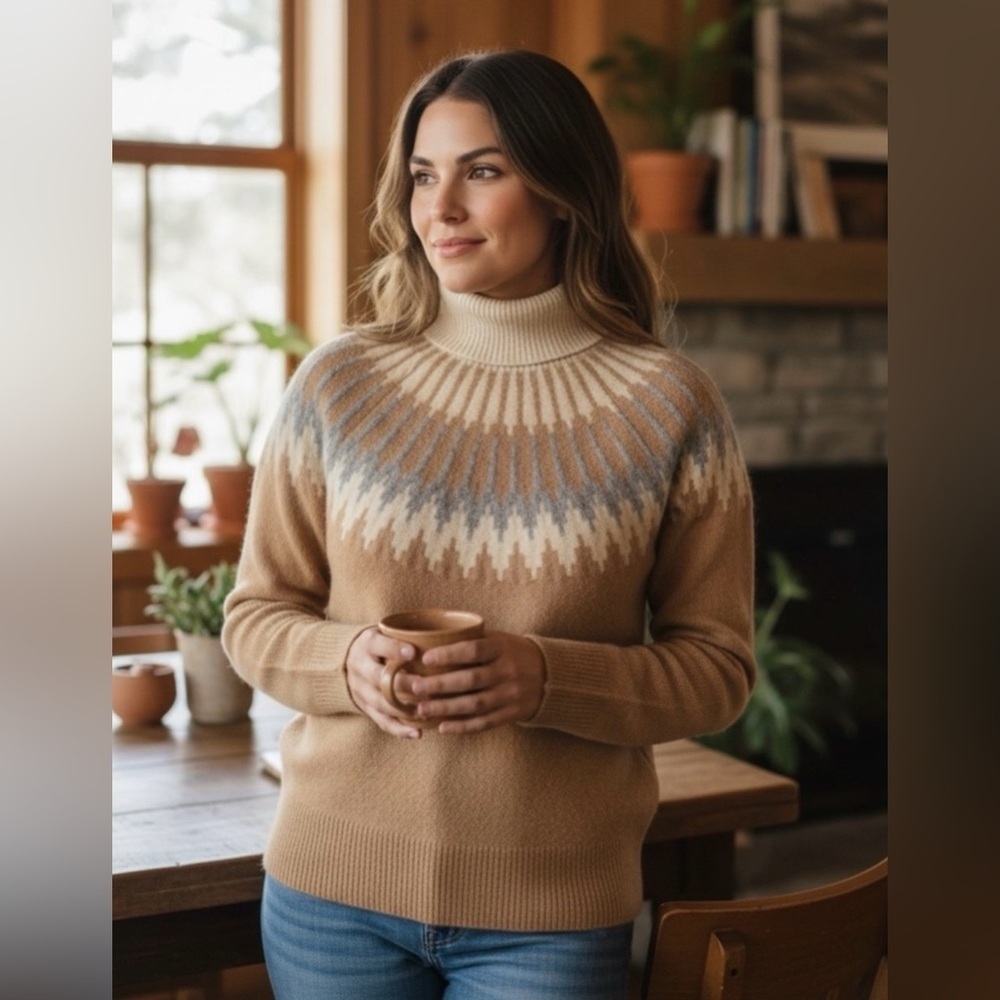 J. Crew Fair Isle Turtleneck Supersoft Yarn Merino Wool Alpaca Sweater Camel XS